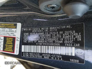 2012 Toyota Camry L with VIN 4T1BF1FK2CU062806, listed as a IAAI auction lot 41664970 with 75,980 mi miles and . Bid and sale history available at carsss.com. Image 9.
