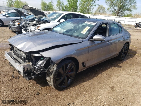 2023 Genesis G70 3.3T with VIN KMTG54TE7PU128609, listed as a Copart auction lot 53644364 with 5,843 mi miles and Salvage Title. Bid and sale history available at carsss.com. Image 1.