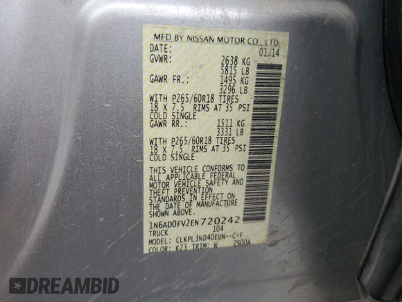 2014 Nissan Frontier SL z VIN 1N6AD0FV2EN720242, wystawiony jako Copart lot #86976214 z przebiegiem 118 581 mil mil oraz Szkoda całkowita • Salvage title. Historia ofert i sprzedaży dostępna na DreamBid. Obrazek 13.