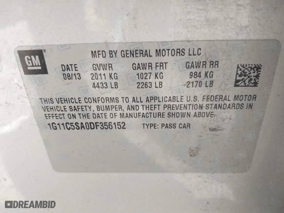 2013 Chevrolet Malibu LT with VIN 1G11C5SA0DF356152, listed as a IAAI auction lot 41807466 with 111,225 mi miles. Bid and sale history available at carsss.com. Image 9.