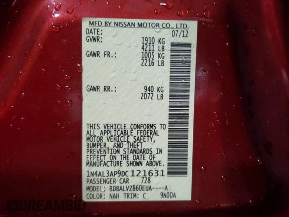 2013 Nissan Altima SL with VIN 1N4AL3AP9DC121631, listed as a Copart auction lot 59915405 with 165,863 mi miles and Salvage title. Bid and sale history available at DreamBid. Image 12.