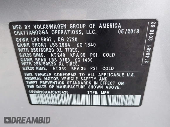 2018 Volkswagen Atlas SEL Premium with VIN 1V2NR2CA8JC575425, listed as a IAAI auction lot 41104744 with 62,774 mi miles and . Bid and sale history available at DreamBid. Image 9.