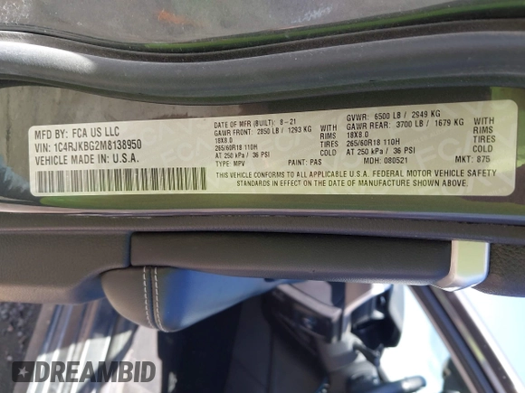 2021 Jeep Grand Cherokee Limited with VIN 1C4RJKBG2M8138950, listed as a IAAI auction lot 42354659 with 79,654 mi miles and . Bid and sale history available at DreamBid. Image 9.
