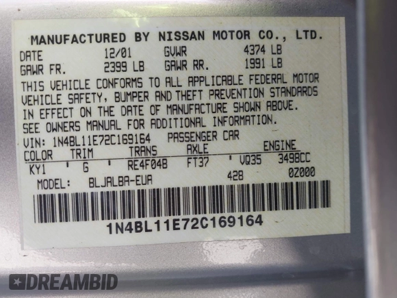 2002 Nissan Altima SE with VIN 1N4BL11E72C169164, listed as a IAAI auction lot 41992002 with 100,211 mi miles. Bid and sale history available at carsss.com. Image 9.