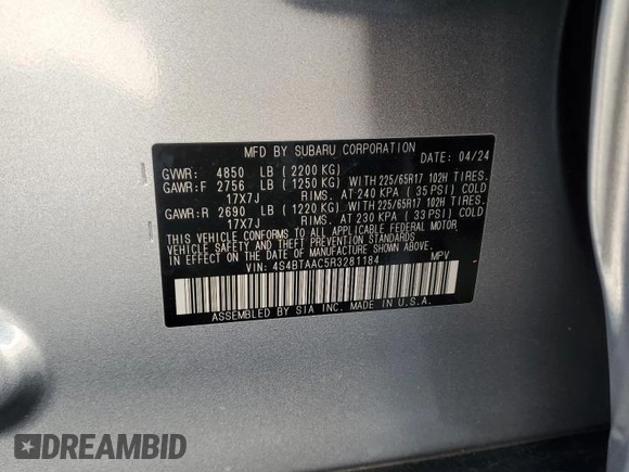 2024 Subaru Outback z VIN 4S4BTAAC5R3281184, wystawiony jako Copart lot #88347885 z przebiegiem 5 054 mil mil oraz Szkoda całkowita • Salvage title. Historia ofert i sprzedaży dostępna na DreamBid. Obrazek 13.