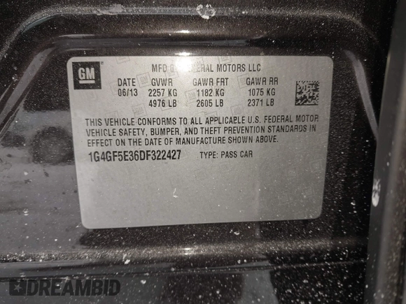 2013 Buick LaCrosse Premium 1 with VIN 1G4GF5E36DF322427, listed as a IAAI auction lot 41574871 with 189,371 mi miles and . Bid and sale history available at DreamBid. Image 9.