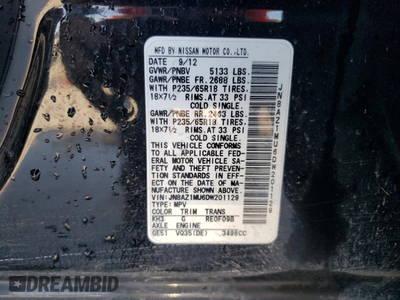 2013 Nissan Murano SL with VIN JN8AZ1MU6DW201129, listed as a Copart auction lot 61658894 with 217,210 mi miles and Salvage Title. Bid and sale history available at carsss.com. Image 12.