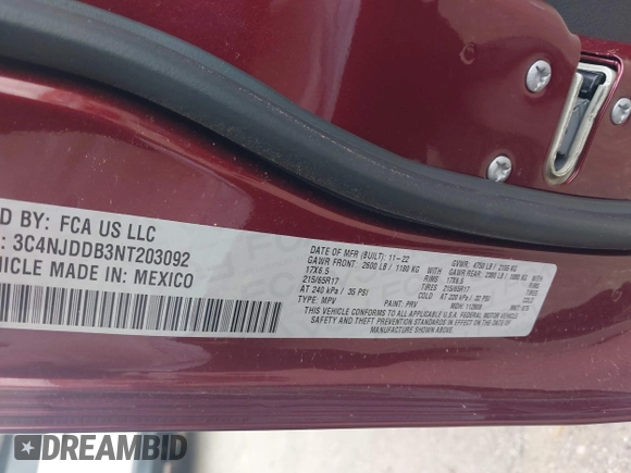 2022 Jeep Compass Trailhawk with VIN 3C4NJDDB3NT203092, listed as a IAAI auction lot 42017373 with Not provided miles and . Bid and sale history available at DreamBid. Image 9.