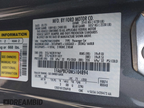 2021 Ford Mustang GT z VIN 1FA6P8CF0M5104894, wystawiony jako IAAI lot #41903098 z przebiegiem 38 794 mil mil oraz . Historia ofert i sprzedaży dostępna na DreamBid. Obrazek 9.
