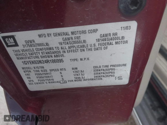 2004 Cadillac Escalade z VIN 1GYEK63N24R186095, wystawiony jako IAAI lot #42175258 z przebiegiem 172 342 mil mil oraz . Historia ofert i sprzedaży dostępna na DreamBid. Obrazek 9.