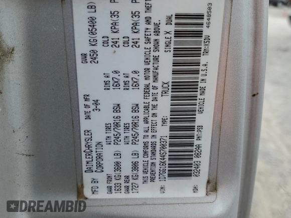 2004 Dodge Dakota with VIN 1D7GG16K44S700371, listed as a Copart auction lot 71213584 with 105,603 mi miles and Salvage Title. Bid and sale history available at DreamBid. Image 12.