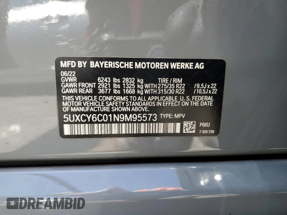 2022 BMW X6 xDrive40i z VIN 5UXCY6C01N9M95573, wystawiony jako Copart lot #54049805 z przebiegiem 24 031 mil mil oraz Szkoda całkowita • Salvage title. Historia ofert i sprzedaży dostępna na DreamBid. Obrazek 14.