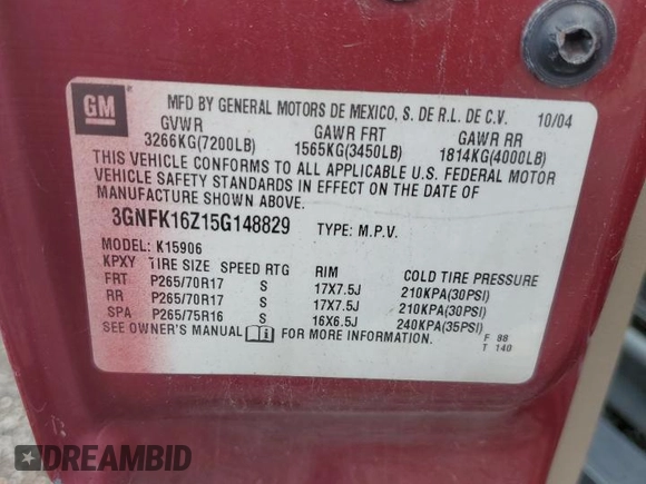 2005 Chevrolet Suburban Z71 with VIN 3GNFK16Z15G148829, listed as a Copart auction lot 61600315 with 172,345 mi miles and Salvage title. Bid and sale history available at DreamBid. Image 13.