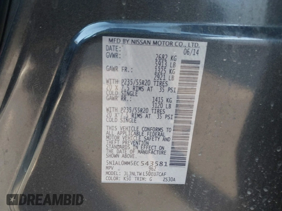 2014 Infiniti QX60 with VIN 5N1AL0MM5EC543581, listed as a IAAI auction lot 41336591 with 116,271 mi miles and . Bid and sale history available at DreamBid. Image 9.