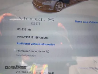 2014 Tesla Model S 60 with VIN 5YJSA1S11EFP35998, listed as a IAAI auction lot 42316563 with 83,835 mi miles and . Bid and sale history available at DreamBid. Image 7.