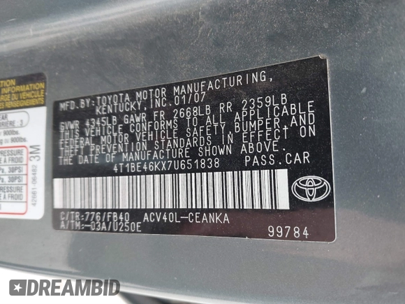 2007 Toyota Camry CE with VIN 4T1BE46KX7U651838, listed as a IAAI auction lot 41660130 with 191,619 mi miles. Bid and sale history available at carsss.com. Image 9.