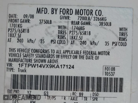 2009 Ford F-150 XL with VIN 1FTPW14VX9KA17124, listed as a Copart auction lot 55144375 with 257,748 mi miles and Salvage title. Bid and sale history available at DreamBid. Image 12.