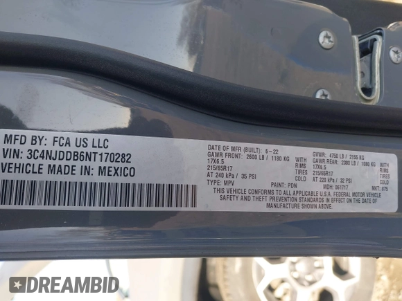 2022 Jeep Compass Trailhawk with VIN 3C4NJDDB6NT170282, listed as a IAAI auction lot 41934651 with 30,781 mi miles and . Bid and sale history available at DreamBid. Image 9.