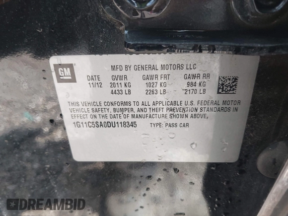 2013 Chevrolet Malibu LT with VIN 1G11C5SA0DU118345, listed as a IAAI auction lot 42016704 with 83,295 mi miles and . Bid and sale history available at DreamBid. Image 9.