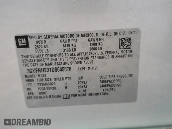 2013 Cadillac SRX Performance Collection with VIN 3GYFNHE37DS645878, listed as a Copart auction lot 55489525 with Not provided miles and Salvage title. Bid and sale history available at DreamBid. Image 13.