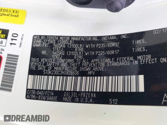 2017 Toyota Sienna LE Auto Access Seat with VIN 5TDKZ3DC3HS828606, listed as a IAAI auction lot 42540320 with 146,351 mi miles and . Bid and sale history available at DreamBid. Image 9.