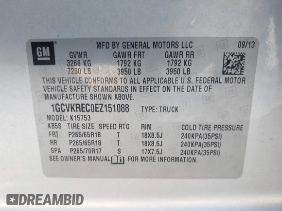 2014 Chevrolet Silverado 1500 LT with VIN 1GCVKREC0EZ151088, listed as a IAAI auction lot 41763808 with 124,668 mi miles and . Bid and sale history available at DreamBid. Image 9.