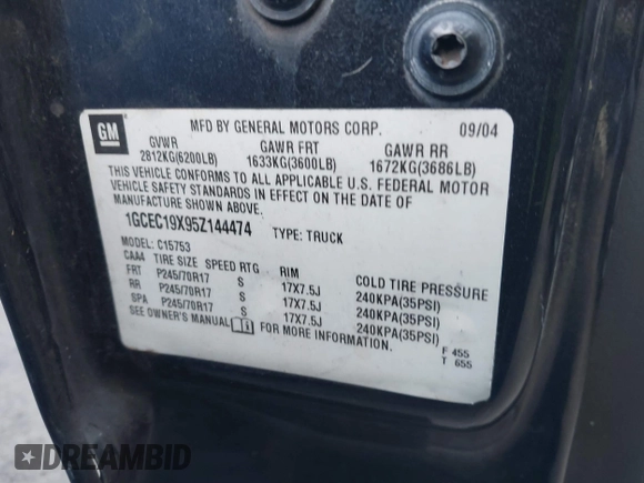 2005 Chevrolet Silverado 1500 Work Truck with VIN 1GCEC19X95Z144474, listed as a IAAI auction lot 41383383 with Not provided miles and . Bid and sale history available at DreamBid. Image 9.