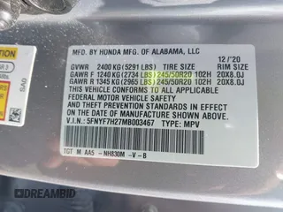 2021 Honda Passport Sport with VIN 5FNYF7H27MB003467, listed as a IAAI auction lot 42183219 with 52,156 mi miles and . Bid and sale history available at DreamBid. Image 9.