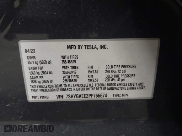 2023 Tesla Model Y Long Range with VIN 7SAYGAEE2PF755674, listed as a IAAI auction lot 41890025 with 24,783 mi miles and . Bid and sale history available at DreamBid. Image 9.