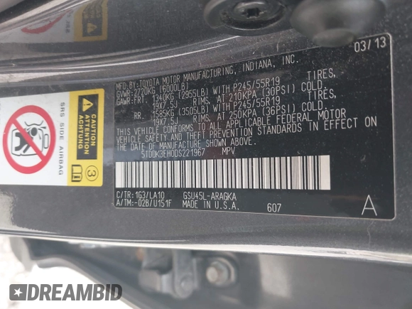 2013 Toyota Highlander Limited z VIN 5TDDK3EH0DS221967, wystawiony jako IAAI lot #42306472 z przebiegiem 198 316 mil mil oraz . Historia ofert i sprzedaży dostępna na DreamBid. Obrazek 9.