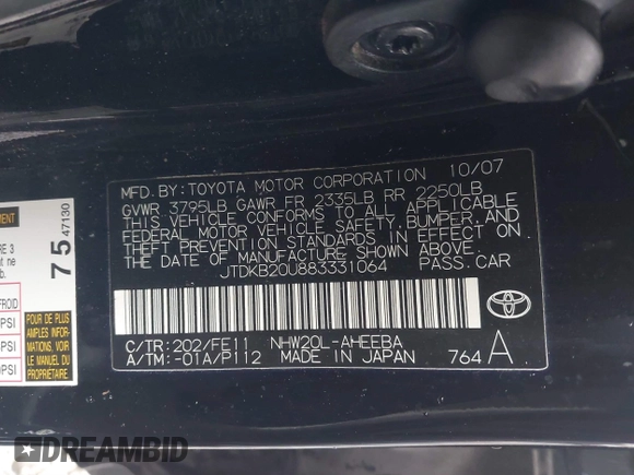 2008 Toyota Prius with VIN JTDKB20U883331064, listed as a IAAI auction lot 41827175 with 138,851 mi miles and . Bid and sale history available at carsss.com. Image 9.