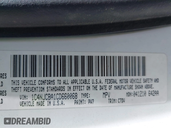 2012 Jeep Compass Sport with VIN 1C4NJCBA1CD660068, listed as a IAAI auction lot 41766146 with 173,445 mi miles. Bid and sale history available at carsss.com. Image 9.