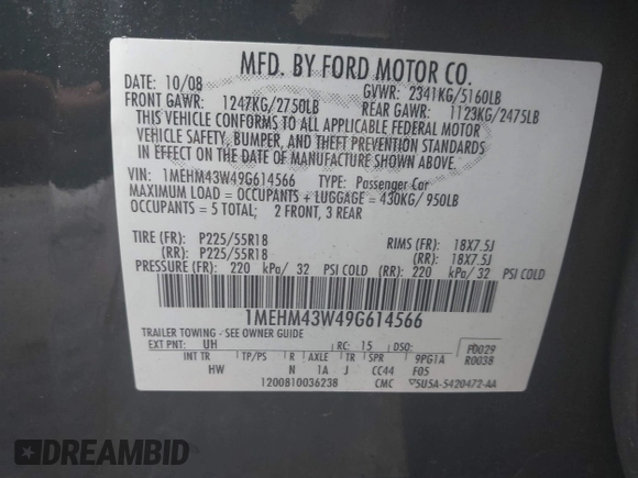 2009 Mercury Sable Premier с VIN 1MEHM43W49G614566, выставлен на аукционе IAAI как лот 42332214 с пробегом 132 537 миль миль и . История ставок и продаж доступна на DreamBid. Изображение 9.