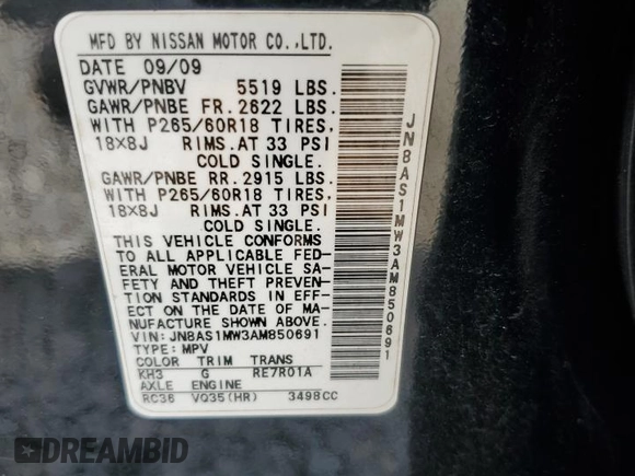 2010 Infiniti FX z VIN JN8AS1MW3AM850691, wystawiony jako Copart lot #51839625 z przebiegiem 266 218 mil mil oraz Szkoda całkowita • Salvage title. Historia ofert i sprzedaży dostępna na DreamBid. Obrazek 13.