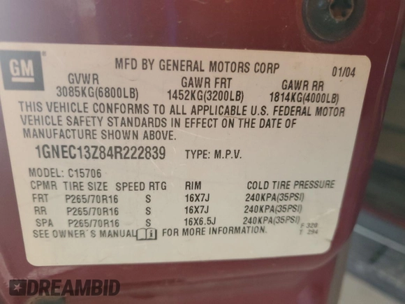 2004 Chevrolet Tahoe LT with VIN 1GNEC13Z84R222839, listed as a Copart auction lot 62787765 with 171,066 mi miles and Salvage title. Bid and sale history available at DreamBid. Image 12.