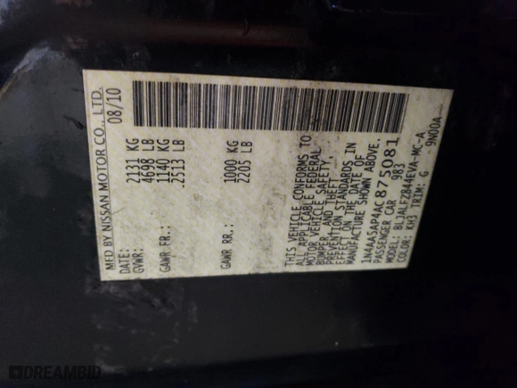 2010 Nissan Maxima 3.5 SV w/Sport Pkg with VIN 1N4AA5AP4AC875081, listed as a Copart auction lot 87683685 with 206,724 mi miles and Salvage Title. Bid and sale history available at carsss.com. Image 12.