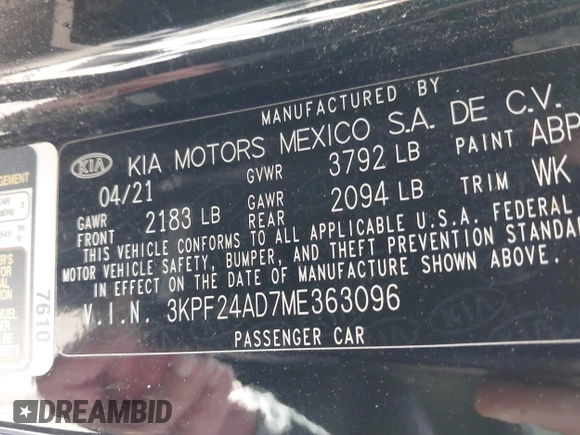 2021 Kia Forte LXS with VIN 3KPF24AD7ME363096, listed as a IAAI auction lot 42019176 with Not Provided miles and . Bid and sale history available at carsss.com. Image 9.