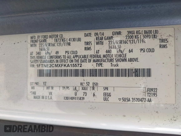 2015 Ford Transit Cargo with VIN 1FTNE2CMXFKA15572, listed as a IAAI auction lot 41566311 with 276,750 mi miles and . Bid and sale history available at carsss.com. Image 9.