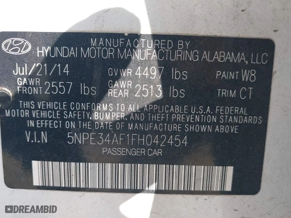 2015 Hyundai Sonata 2.4L Sport with VIN 5NPE34AF1FH042454, listed as a IAAI auction lot 41799812 with 132,859 mi miles. Bid and sale history available at carsss.com. Image 9.