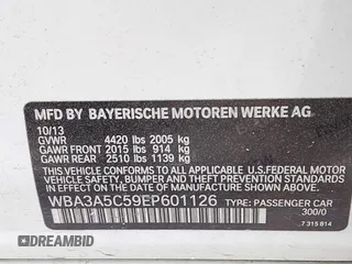2014 BMW 3 Series 328i with VIN WBA3A5C59EP601126, listed as a IAAI auction lot 41921844 with 124,844 mi miles. Bid and sale history available at carsss.com. Image 9.