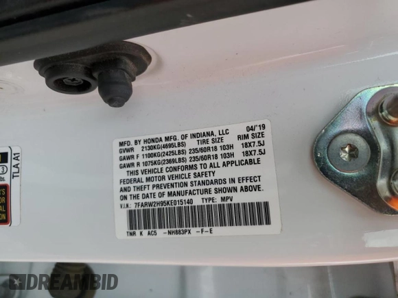 2019 Honda CR-V Touring with VIN 7FARW2H95KE015140, listed as a Copart auction lot 49655225 with 95,832 mi miles and Salvage Title. Bid and sale history available at carsss.com. Image 12.