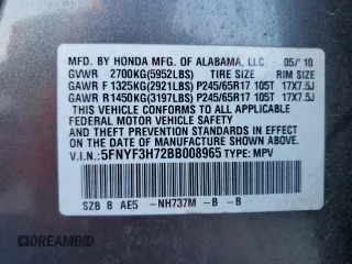 2011 Honda Pilot EX-L with VIN 5FNYF3H72BB008965, listed as a Copart auction lot 88961845 with 128,443 mi miles and Salvage Title. Bid and sale history available at DreamBid. Image 12.