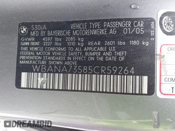 2005 BMW 5 Series 530i with VIN WBANA73585CR59264, listed as a IAAI auction lot 41567613 with Not Provided miles and . Bid and sale history available at carsss.com. Image 9.