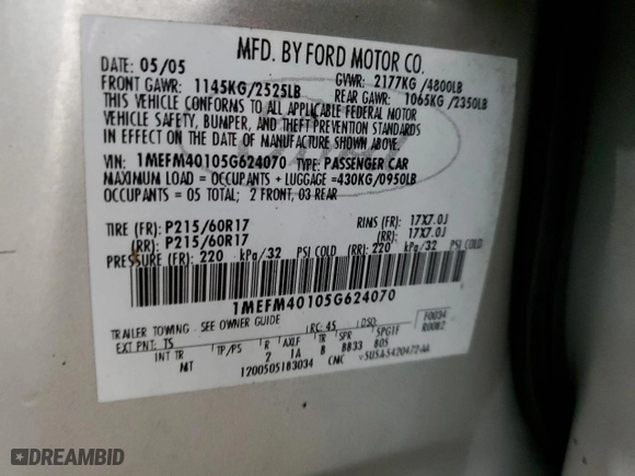 2005 Mercury Montego Luxury with VIN 1MEFM40105G624070, listed as a Copart auction lot 48746005 with 140,080 mi miles and Salvage Title. Bid and sale history available at carsss.com. Image 12.