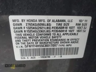 2012 Honda Pilot EX-L with VIN 5FNYF4H55CB017097, listed as a IAAI auction lot 42625034 with 180,783 mi miles and . Bid and sale history available at DreamBid. Image 9.
