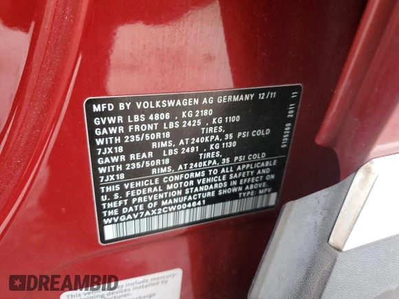2012 Volkswagen Tiguan LE z VIN WVGAV7AX2CW004641, wystawiony jako Copart lot #44508485 z przebiegiem 60 711 mil mil oraz Szkoda całkowita • Salvage title. Historia ofert i sprzedaży dostępna na DreamBid. Obrazek 13.