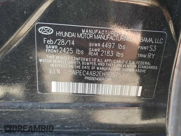 2014 Hyundai Sonata Limited with VIN 5NPEC4AB2EH905757, listed as a Copart auction lot 50533495 with 173,930 mi miles and Salvage Title. Bid and sale history available at DreamBid. Image 12.