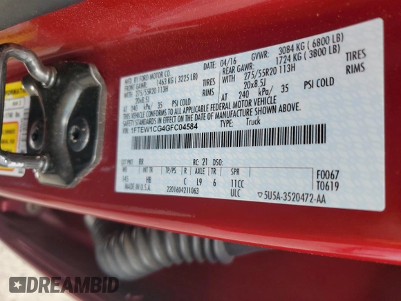 2016 Ford F-150 XL с VIN 1FTEW1CG4GFC04584, выставлен на аукционе Copart как лот 55316345 с пробегом 144 917 миль миль и Списание • Salvage title. История ставок и продаж доступна на DreamBid. Изображение 13.