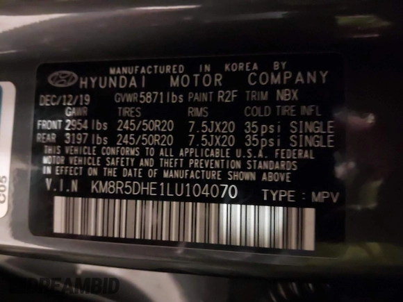 2020 Hyundai Palisade Limited with VIN KM8R5DHE1LU104070, listed as a IAAI auction lot 41322538 with 50,226 mi miles and . Bid and sale history available at DreamBid. Image 9.