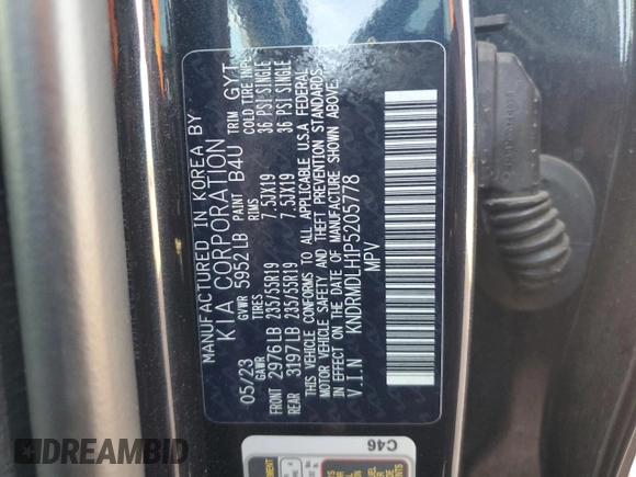 2023 Kia Sorento SX Prestige with VIN KNDRMDLH1P5205778, listed as a Copart auction lot 44644595 with 33,160 mi miles and Salvage title. Bid and sale history available at DreamBid. Image 12.